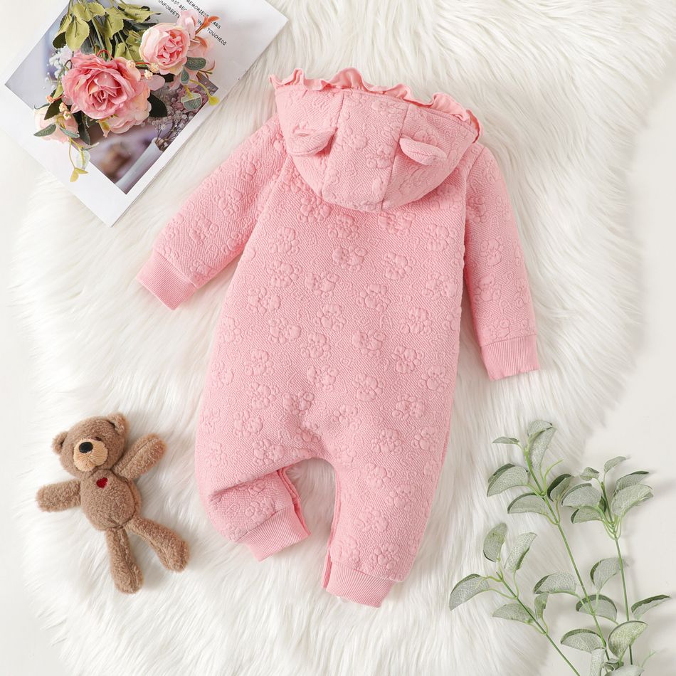 Baby Girl Allover Bear Print Lined Hooded Long-sleeve Frill Textured Jumpsuit Light Pink big image 2