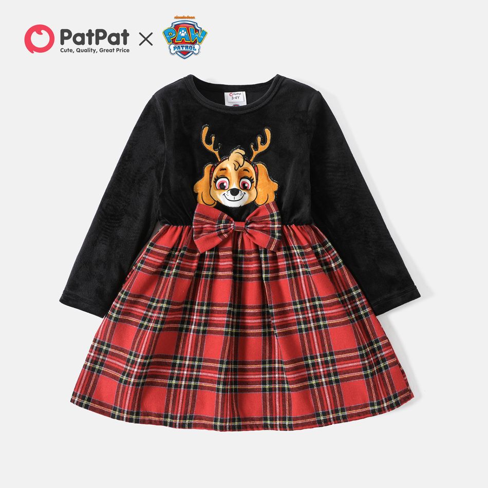 PAW Patrol Toddler Girl Bowknot Design Plaid Splice Long-sleeve Cotton Dress Black