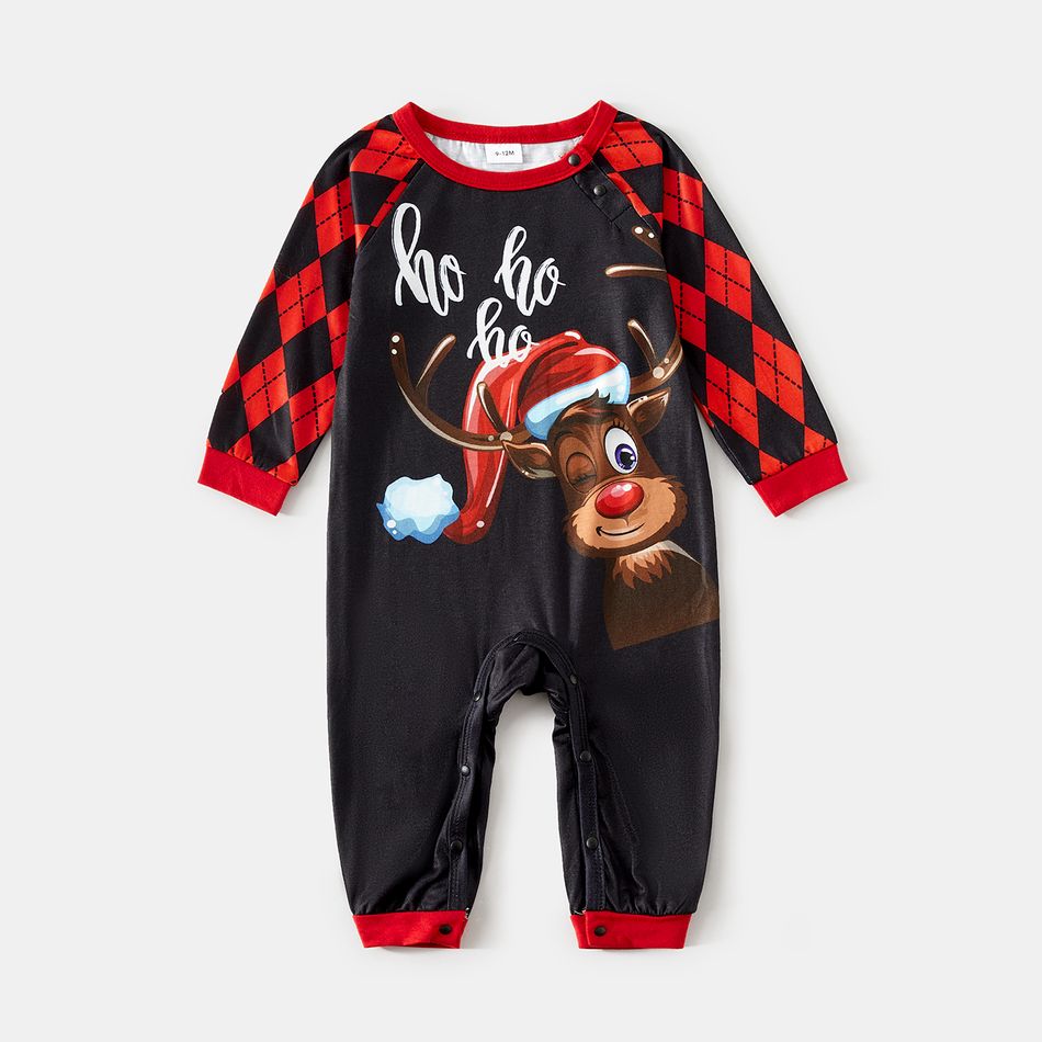Christmas Family Matching Reindeer & Letter Print Red Raglan-sleeve Argyle Pattern Pajamas Sets (Flame Resistant) Black big image 11