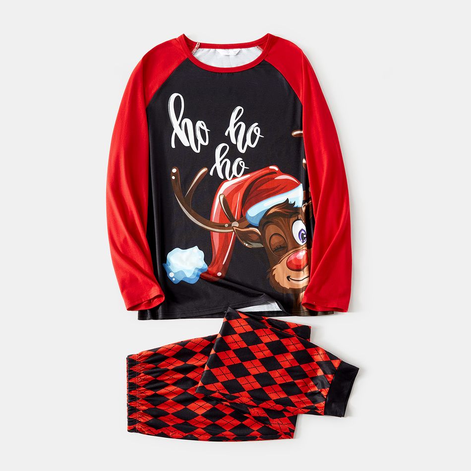 Christmas Family Matching Reindeer & Letter Print Red Raglan-sleeve Argyle Pattern Pajamas Sets (Flame Resistant) Black big image 4
