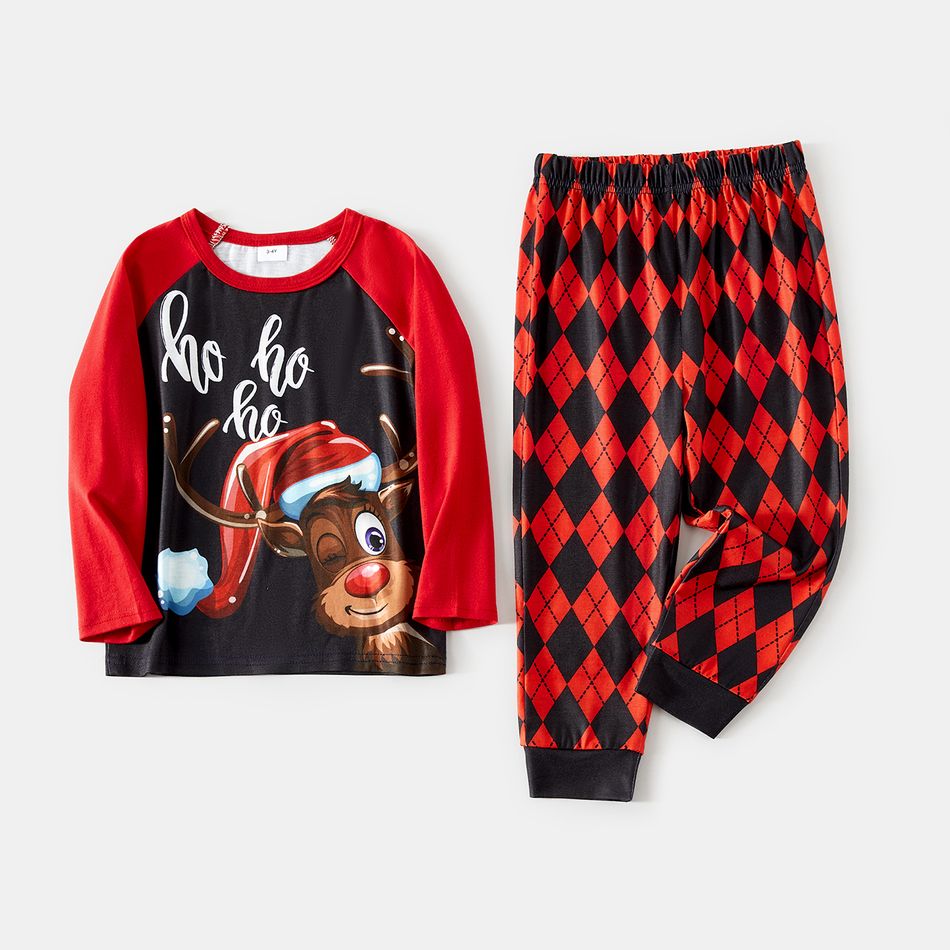 Christmas Family Matching Reindeer & Letter Print Red Raglan-sleeve Argyle Pattern Pajamas Sets (Flame Resistant) Black big image 6