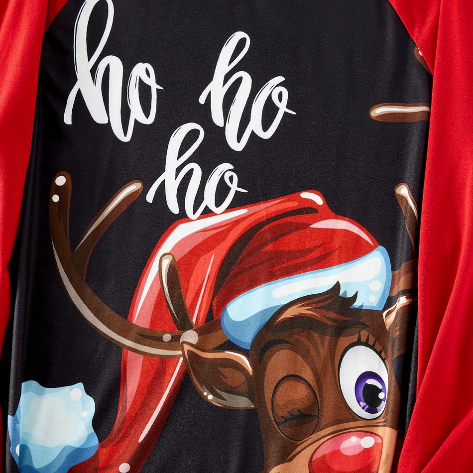 Christmas Family Matching Reindeer & Letter Print Red Raglan-sleeve Argyle Pattern Pajamas Sets (Flame Resistant) Black big image 9