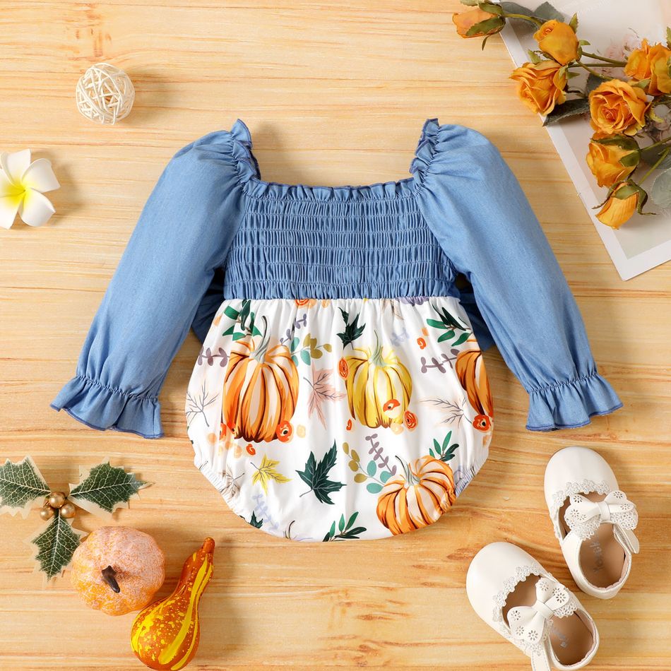 Thanksgiving Day Baby Girl 100% Cotton Shirred Bow Front Spliced Pumpkin Print Long-sleeve Romper ColorBlock big image 2