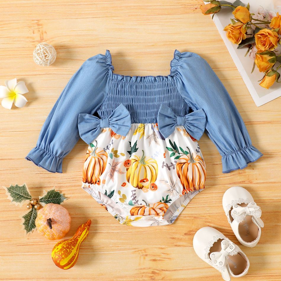 Thanksgiving Day Baby Girl 100% Cotton Shirred Bow Front Spliced Pumpkin Print Long-sleeve Romper ColorBlock big image 1