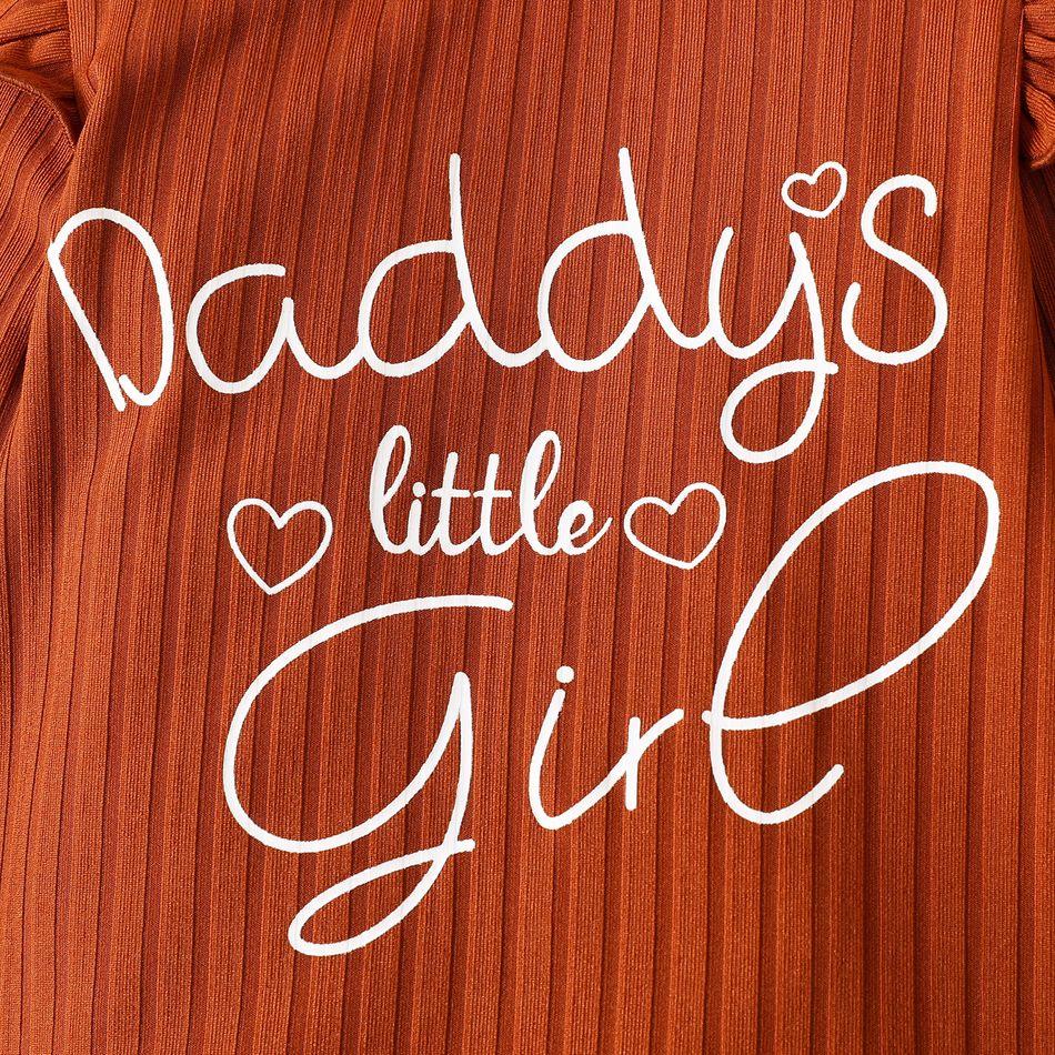 2pcs Baby Girl Letter Print Rib Knit Ruffle Long-sleeve Romper and Bow Front Allover Rainbow & Star Print Pants Set YellowBrown big image 3