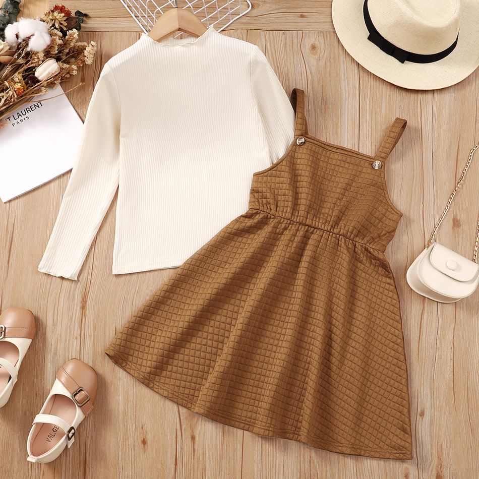 2pcs Kid Girl Mock Neck Long-sleeve Ribbed Tee and Textured Overall Dress Set Brown big image 2