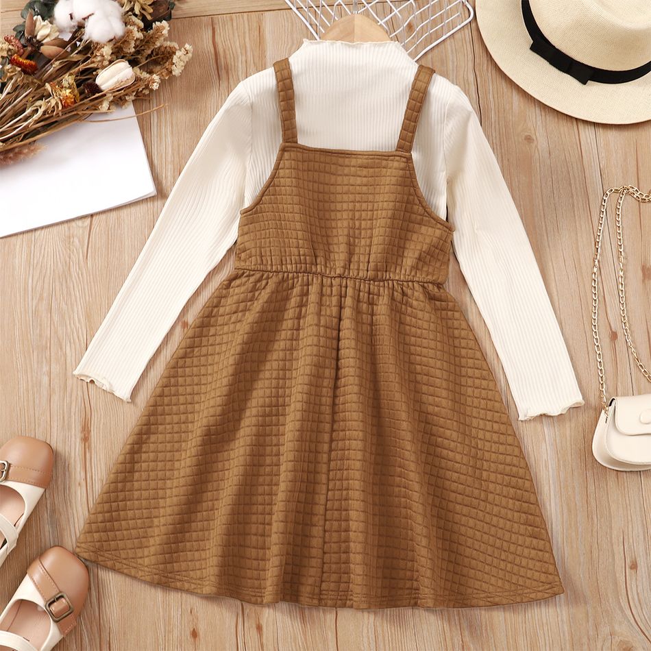 2pcs Kid Girl Mock Neck Long-sleeve Ribbed Tee and Textured Overall Dress Set Brown big image 3