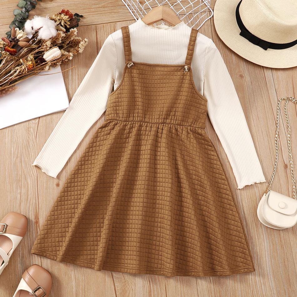 2pcs Kid Girl Mock Neck Long-sleeve Ribbed Tee and Textured Overall Dress Set Brown big image 1