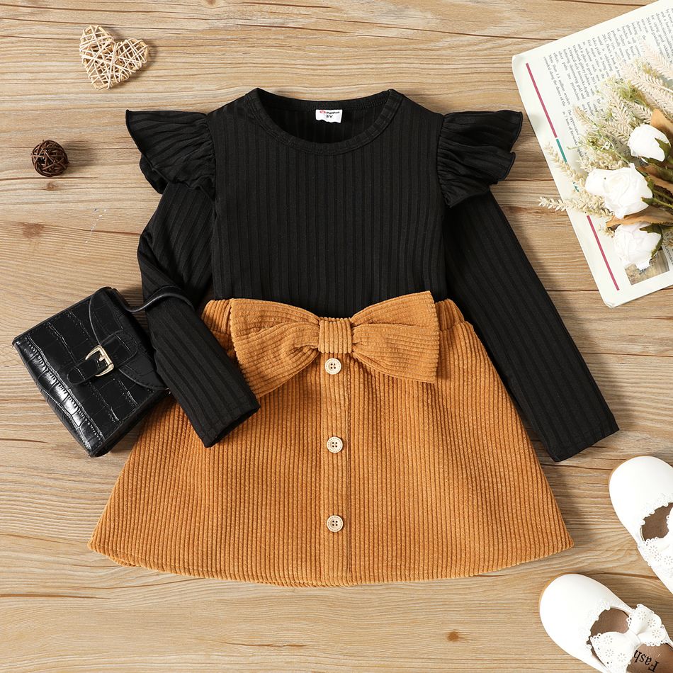 2pcs Toddler Girl Ruffled Ribbed Black Tee and Bowknot Button Design Skirt Set Brown big image 1