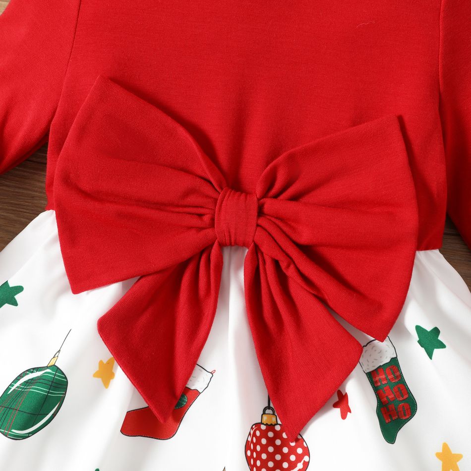 Toddler Girl Christmas Graphic Bowknot Design Splice Long-sleeve Dress REDWHITE big image 4