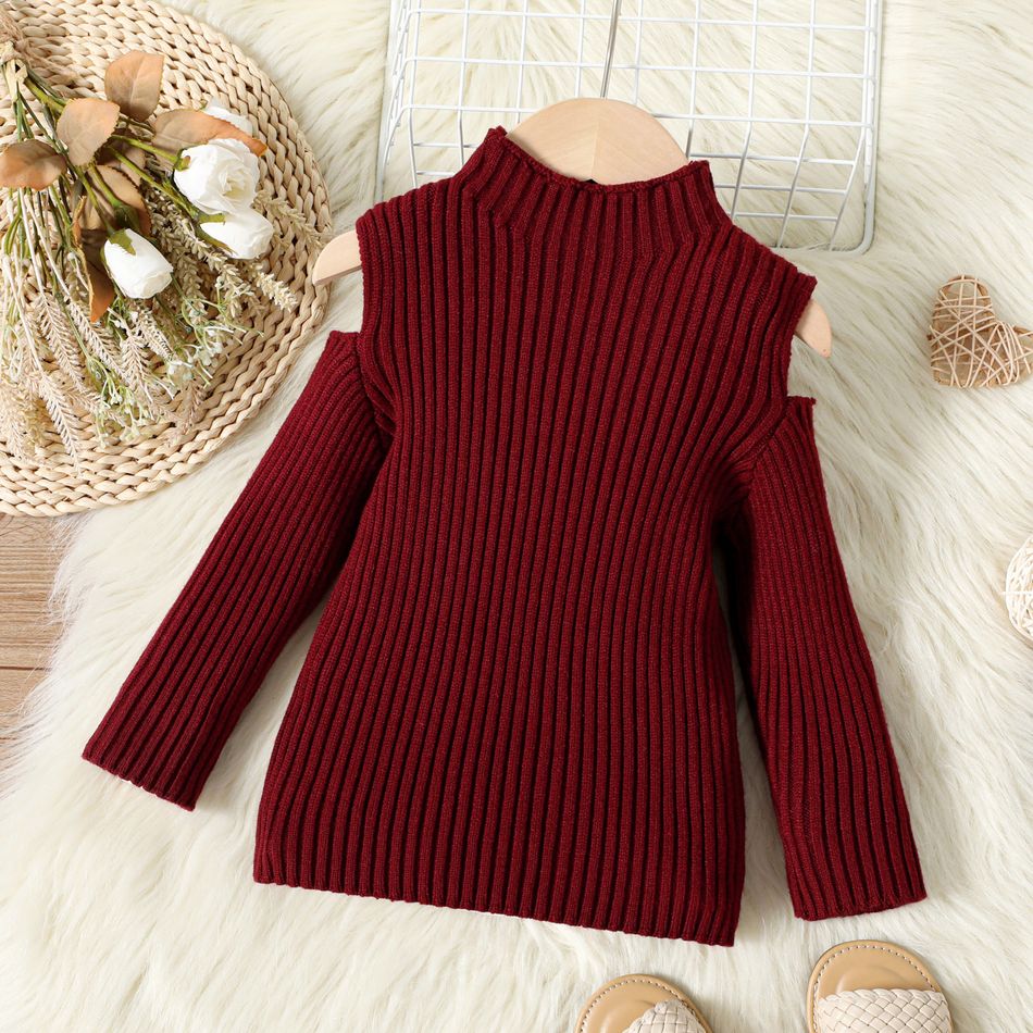Toddler Girl Ribbed Mock Neck Cold Shoulder Knit Sweater Burgundy