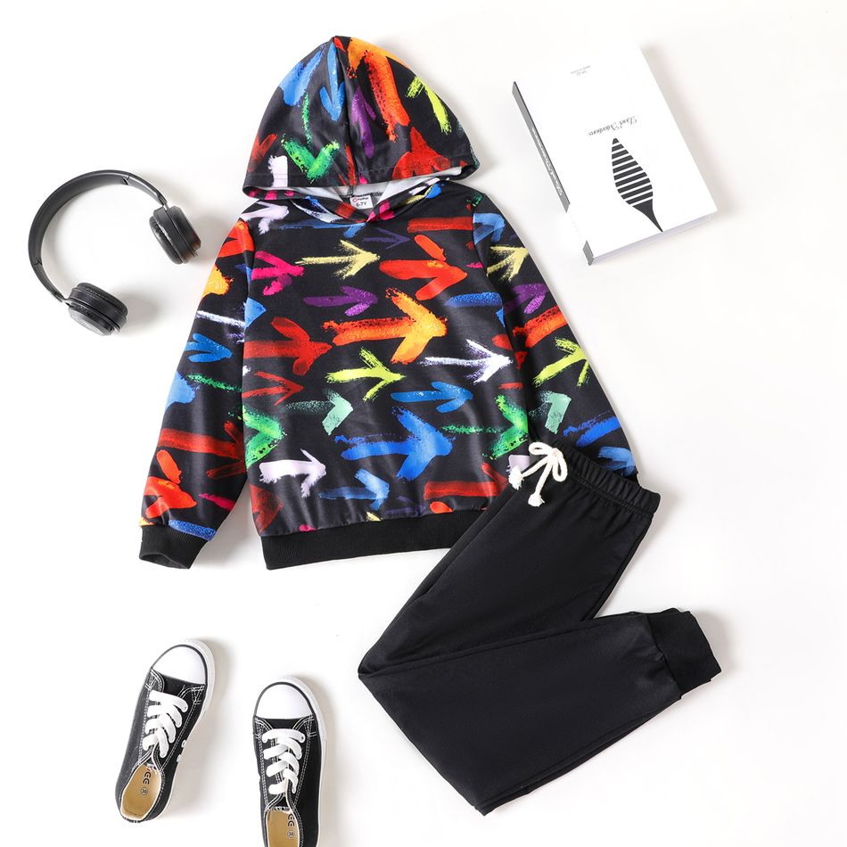 2pcs Kid Boy Allover Print Hoodie Sweatshirt and Black Pants Set ColorBlock
