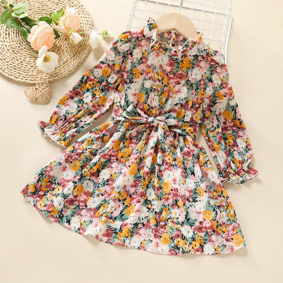 Toddler Girl Floral Print Ruffle Collar Belted Long-sleeve Dress Multi-color