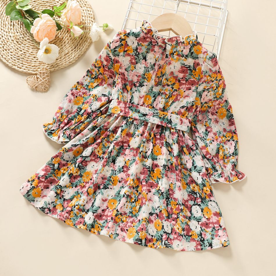 Toddler Girl Floral Print Ruffle Collar Belted Long-sleeve Dress Multi-color big image 2