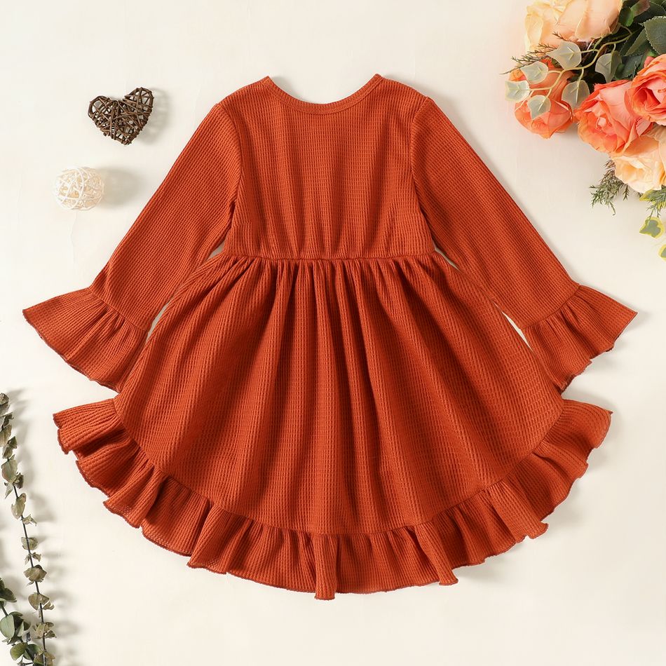Toddler Girl Solid Color Ruffled PWaffle Long Bell sleeves Dress Brick red big image 2