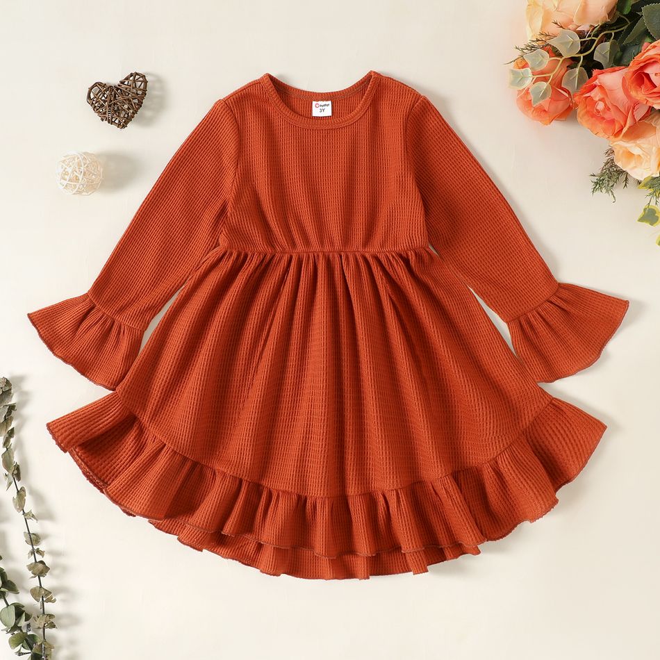 Toddler Girl Solid Color Ruffled PWaffle Long Bell sleeves Dress Brick red big image 1