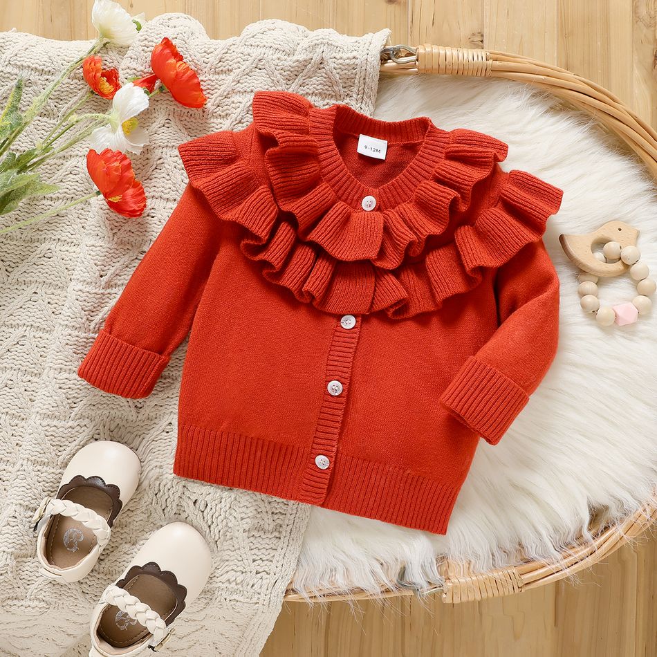 Baby Girl Solid Knitted Layered Ruffle Trim Long-sleeve Button Front Cardigan Sweater Red