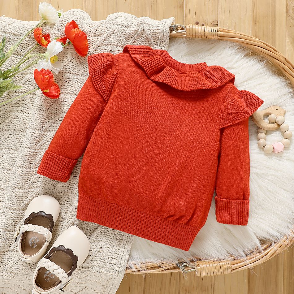 Baby Girl Solid Knitted Layered Ruffle Trim Long-sleeve Button Front Cardigan Sweater Red big image 2