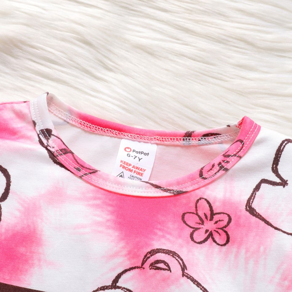 2pcs Kid Girl Tie Dyed Bear Print Long-sleeve Tee and Pants Pajamas Sleepwear Set Pink big image 2