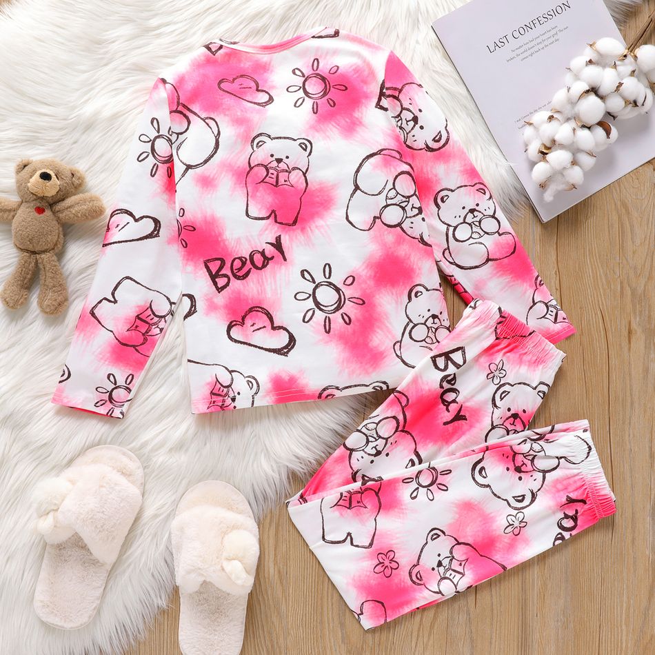 2pcs Kid Girl Tie Dyed Bear Print Long-sleeve Tee and Pants Pajamas Sleepwear Set Pink big image 5