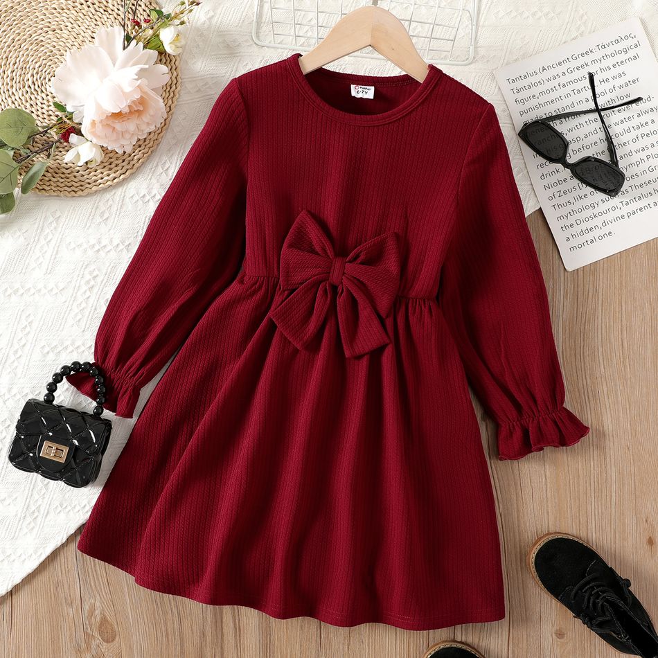 Kid Girl Valentine's Day Sweet 3D Bowknot Design Long-sleeve Red Dress WineRed big image 1