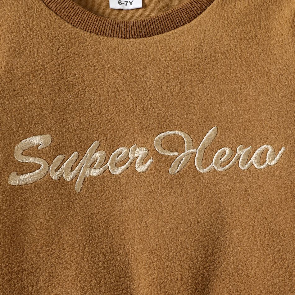 2pcs Kid Boy Letter Embroidered Fleece Brown Pullover Sweatshirt and Elasticized Pants Set Brown big image 4