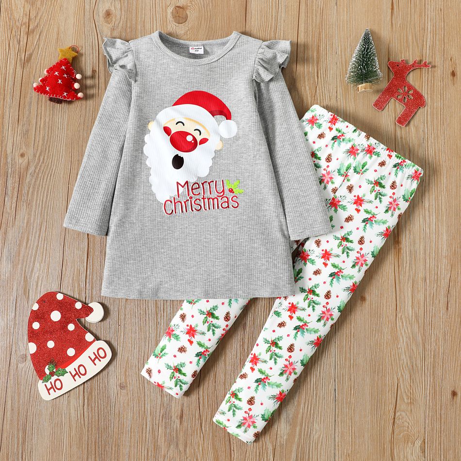 2pcs Toddler Girl Christmas Santa Print Long-sleeve Tee and Floral Print Leggings Set Lightgrey