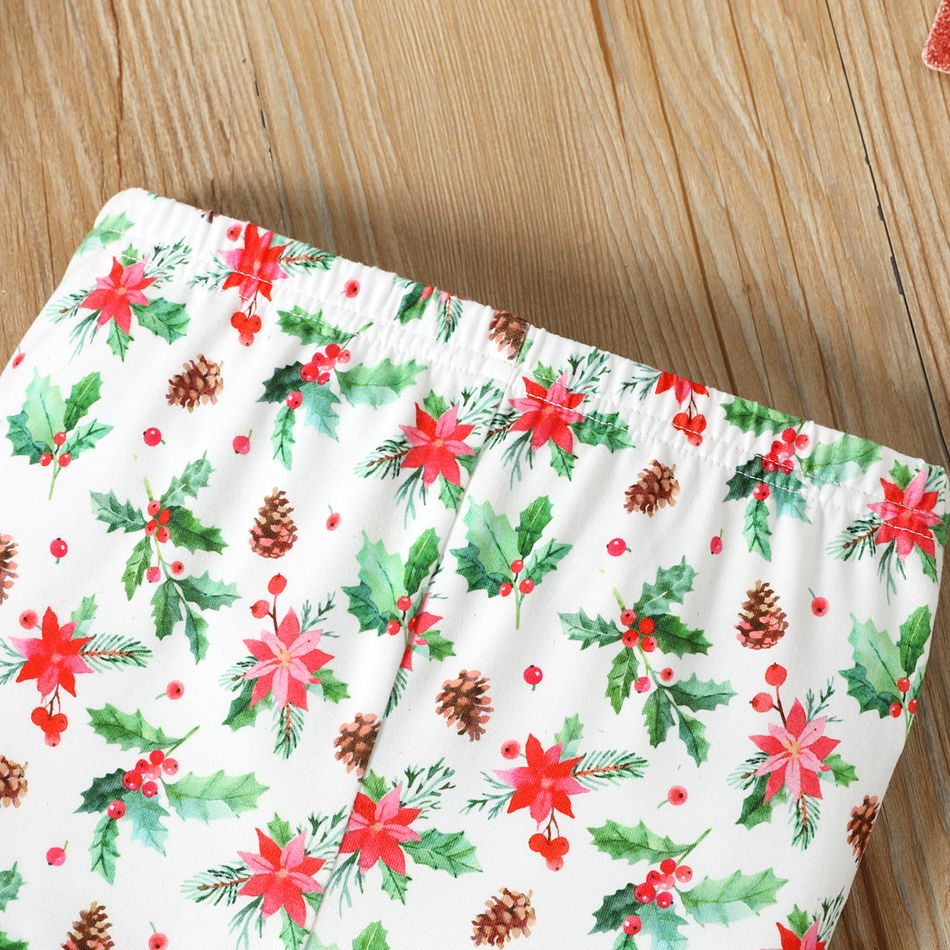 2pcs Toddler Girl Christmas Santa Print Long-sleeve Tee and Floral Print Leggings Set Lightgrey big image 5