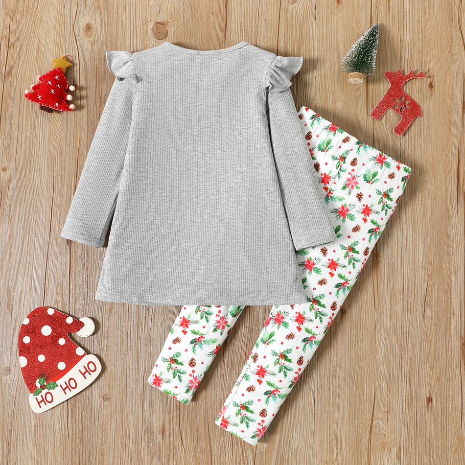 2pcs Toddler Girl Christmas Santa Print Long-sleeve Tee and Floral Print Leggings Set Lightgrey big image 2
