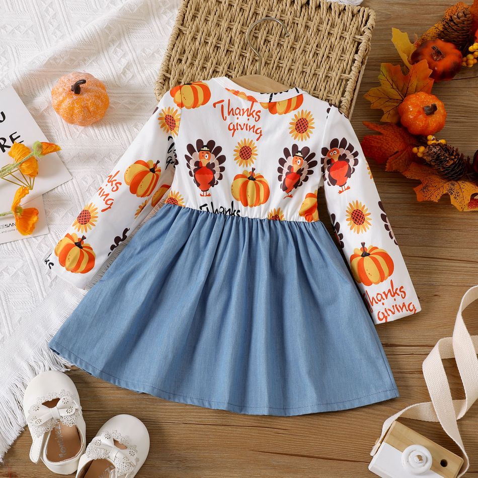 Thanksgiving Day Baby Girl 100% Cotton Imitation Denim Bow Front Spliced Allover Print Long-sleeve Dress ColorBlock big image 2