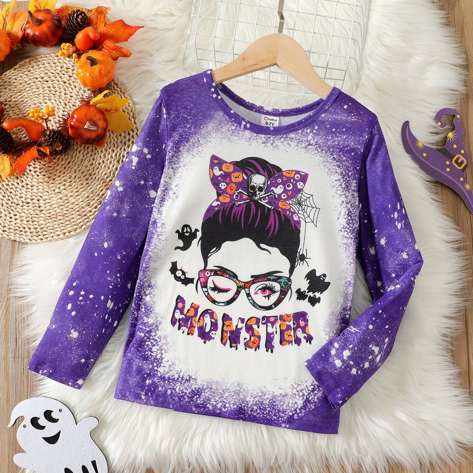 Halloween Kinder Damen Mit Kapuze Batikmuster Langarm T-Shirts lila big image 1