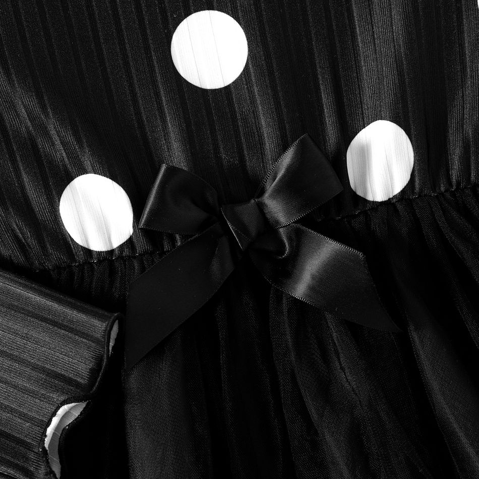 Kid Girl Polka dots Mesh Splice 3D Bowknot Ecor Long-sleeve Dress Black big image 2