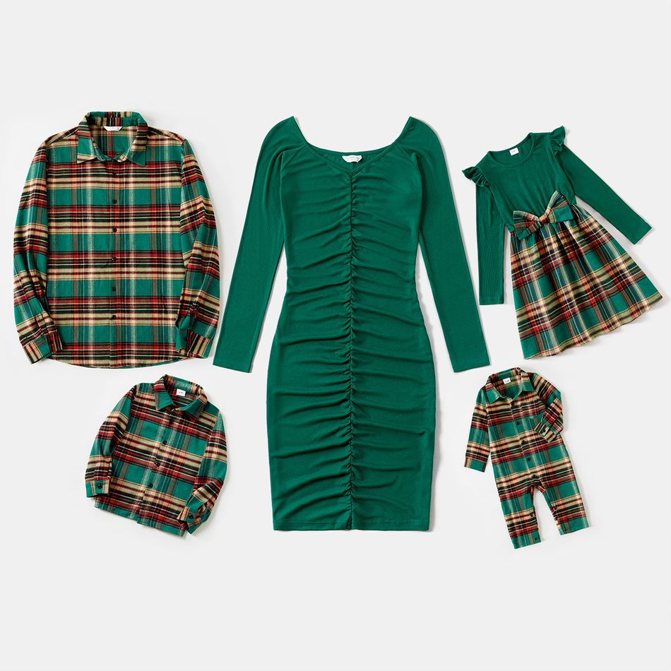 Family Matching Solid Rib Knit Ruched Bodycon Dresses and Long-sleeve Plaid Shirts Sets Green big image 1