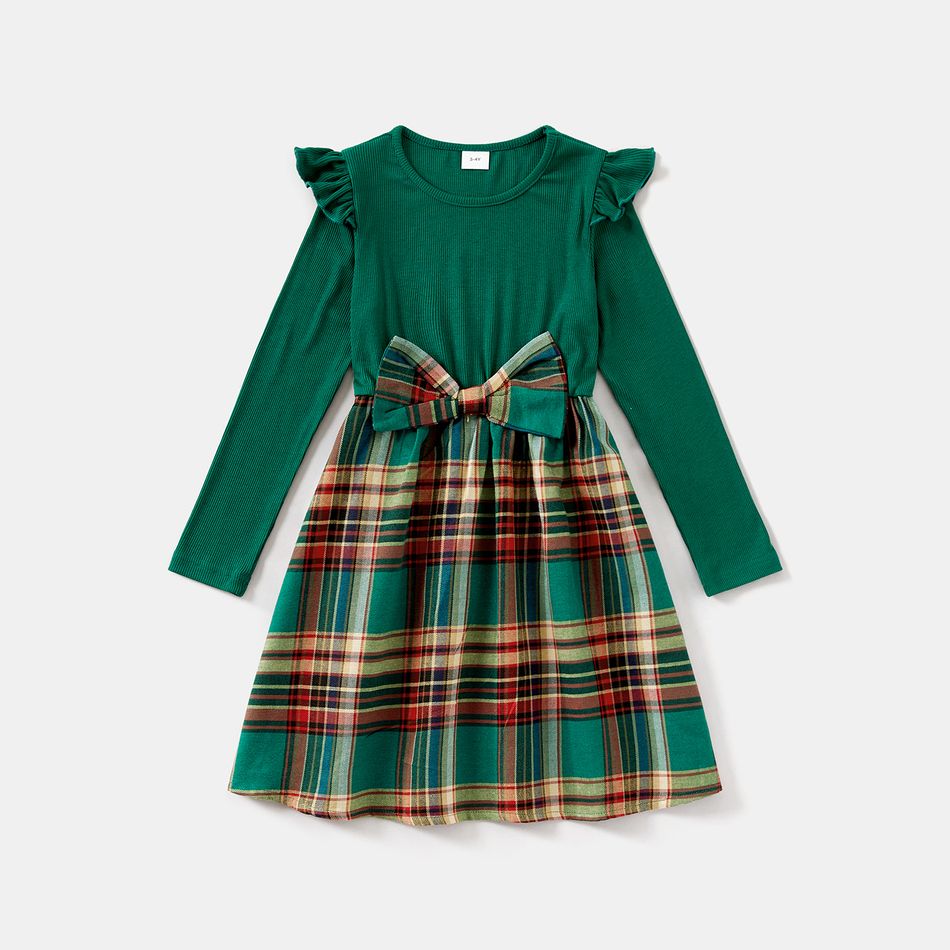 Family Matching Solid Rib Knit Ruched Bodycon Dresses and Long-sleeve Plaid Shirts Sets Green big image 4