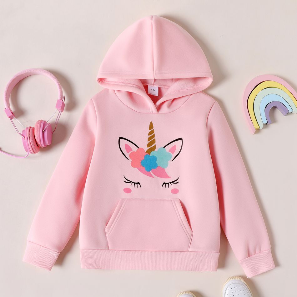 Kid Girl Unicorn Print Pocket Design Fleece Lined Pink Sweatshirt Pink big image 2
