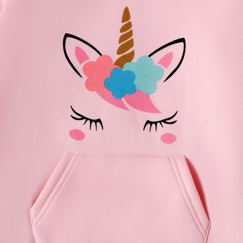 Kid Girl Unicorn Print Pocket Design Fleece Lined Pink Sweatshirt Pink big image 3