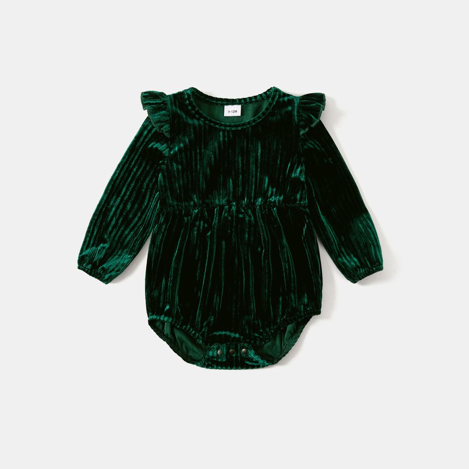 Family Matching Green Velvet Surplice Neck Ruffle-sleeve Dresses and Plaid Shirts Sets Green big image 16