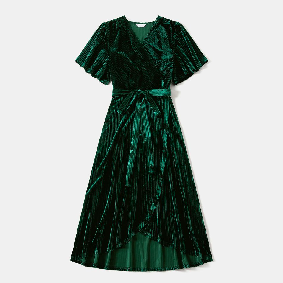 Family Matching Green Velvet Surplice Neck Ruffle-sleeve Dresses and Plaid Shirts Sets Green big image 6