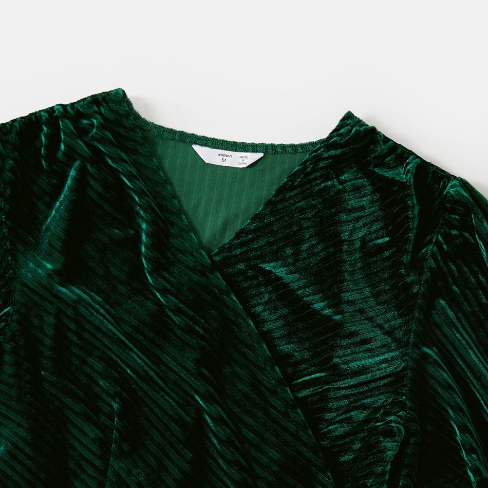 Family Matching Green Velvet Surplice Neck Ruffle-sleeve Dresses and Plaid Shirts Sets Green big image 9