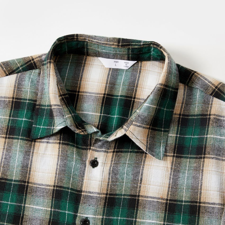 Family Matching Green Velvet Surplice Neck Ruffle-sleeve Dresses and Plaid Shirts Sets Green big image 11