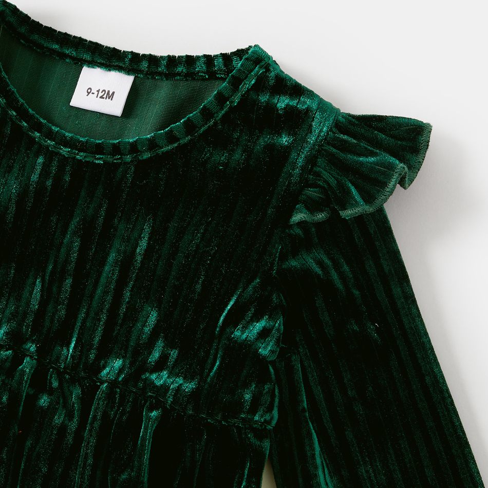 Family Matching Green Velvet Surplice Neck Ruffle-sleeve Dresses and Plaid Shirts Sets Green big image 17