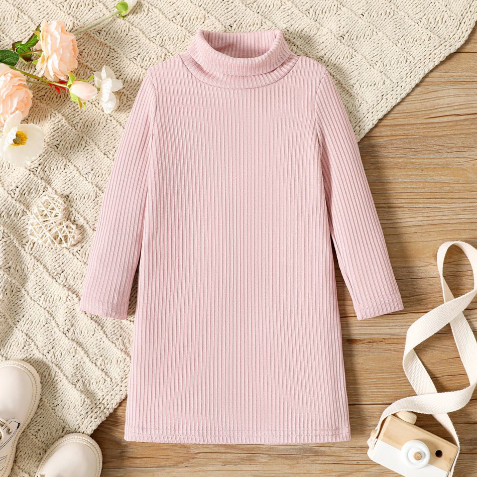 Toddler Girl Solid Color Turtleneck Ribbed Long-sleeve Sweater Dress (Waist bag is NOT included) Pink