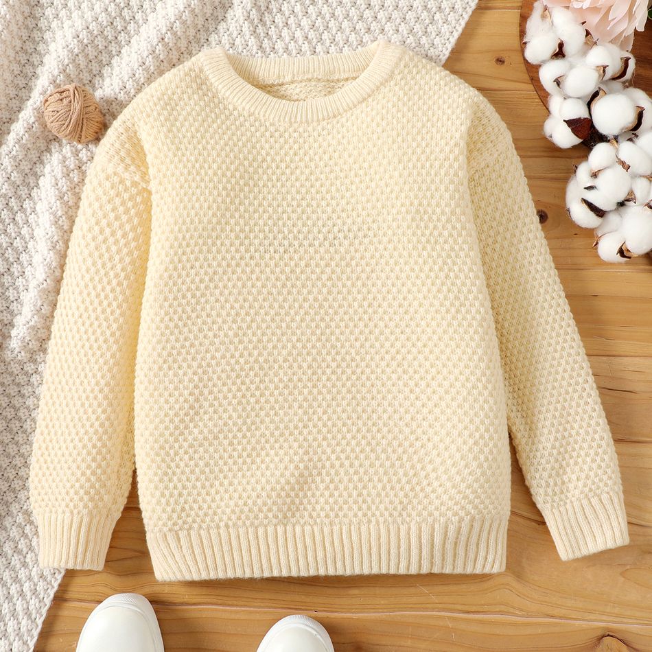 Kid Girl Basic Solid Color Textured Knit Sweater OffWhite
