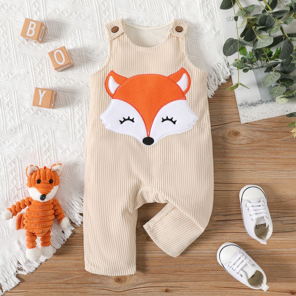 Baby Boy Fox Embroidered Corduroy Overalls Apricot