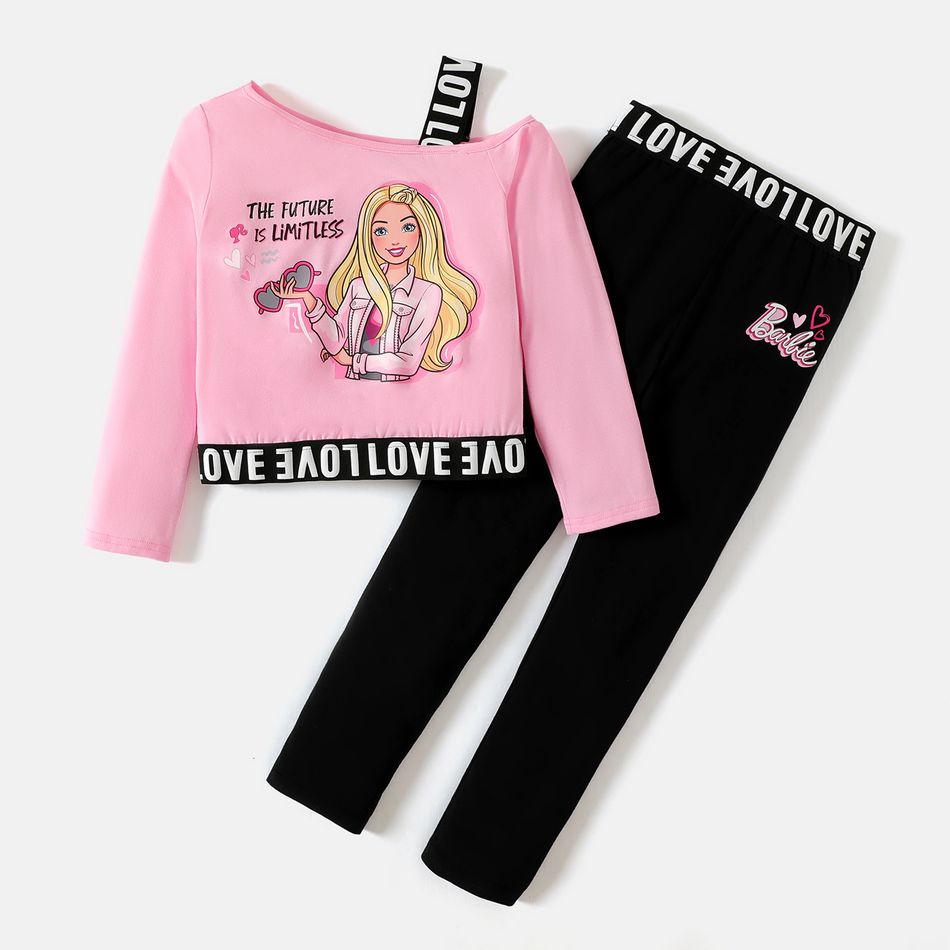 Barbie 2pcs Kid Girl Character Letter Print Strap Long-sleeve Tee and Black Cotton Leggings Set Pink big image 5