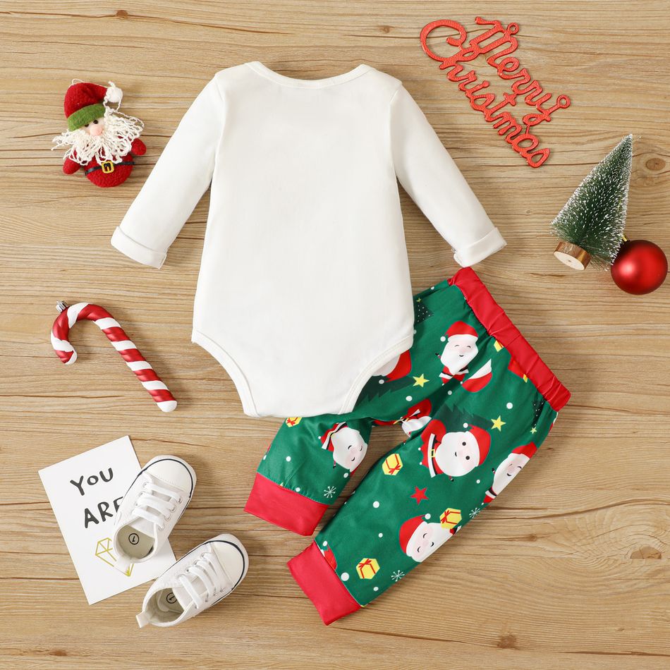 Christmas 2pcs Baby Boy/Girl 95% Cotton Long-sleeve Letter Print Romper and Allover Santa Graphic Pants Set White big image 5