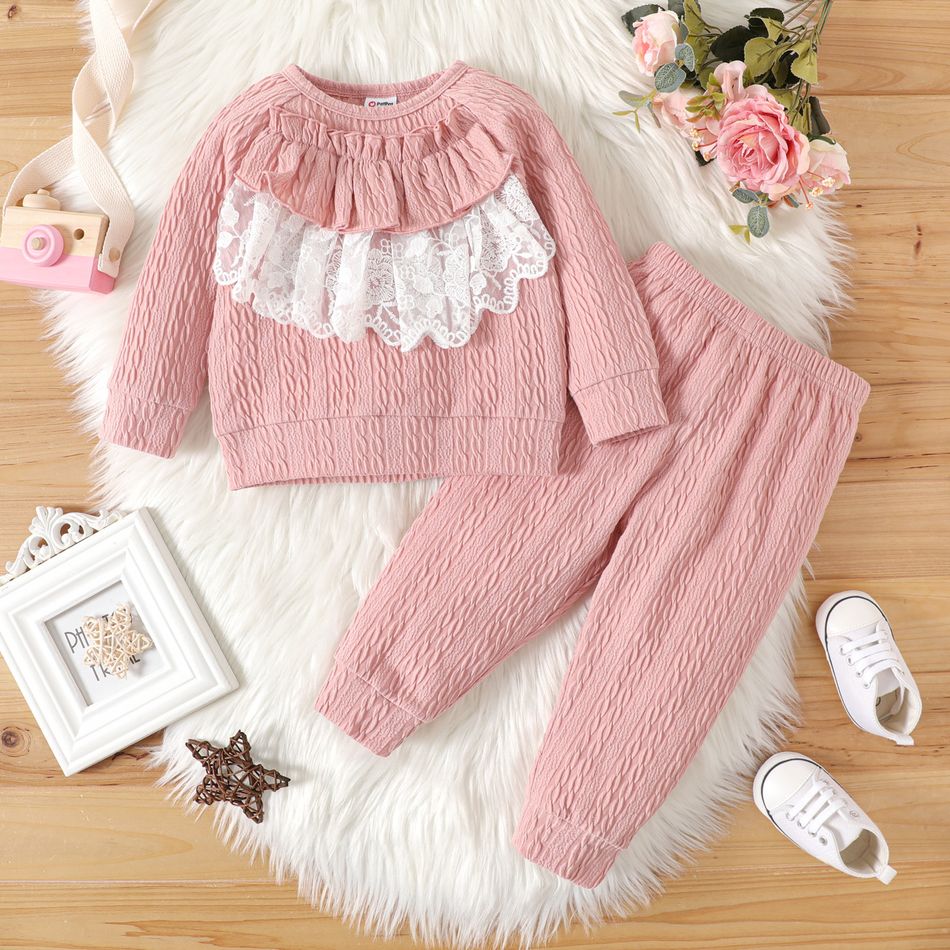 2pcs Baby Girl Lace Ruffle Trim Long-sleeve Textured Top and Pants Set Pink big image 2