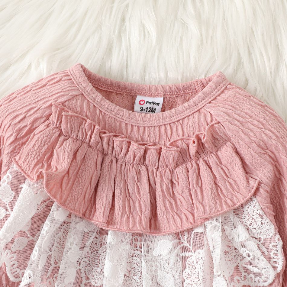 2pcs Baby Girl Lace Ruffle Trim Long-sleeve Textured Top and Pants Set Pink big image 4