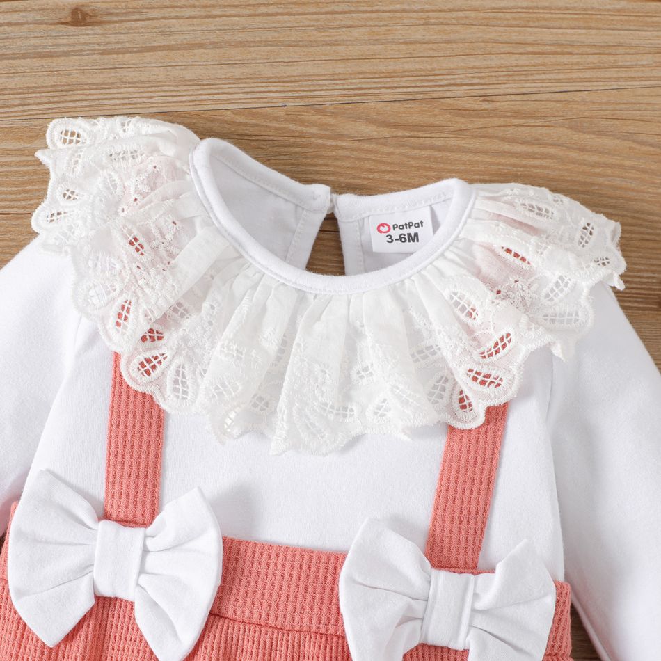 Baby Girl 95% Cotton Long-sleeve Lace Collar Bow Front Spliced Jumpsuit ColorBlock big image 3