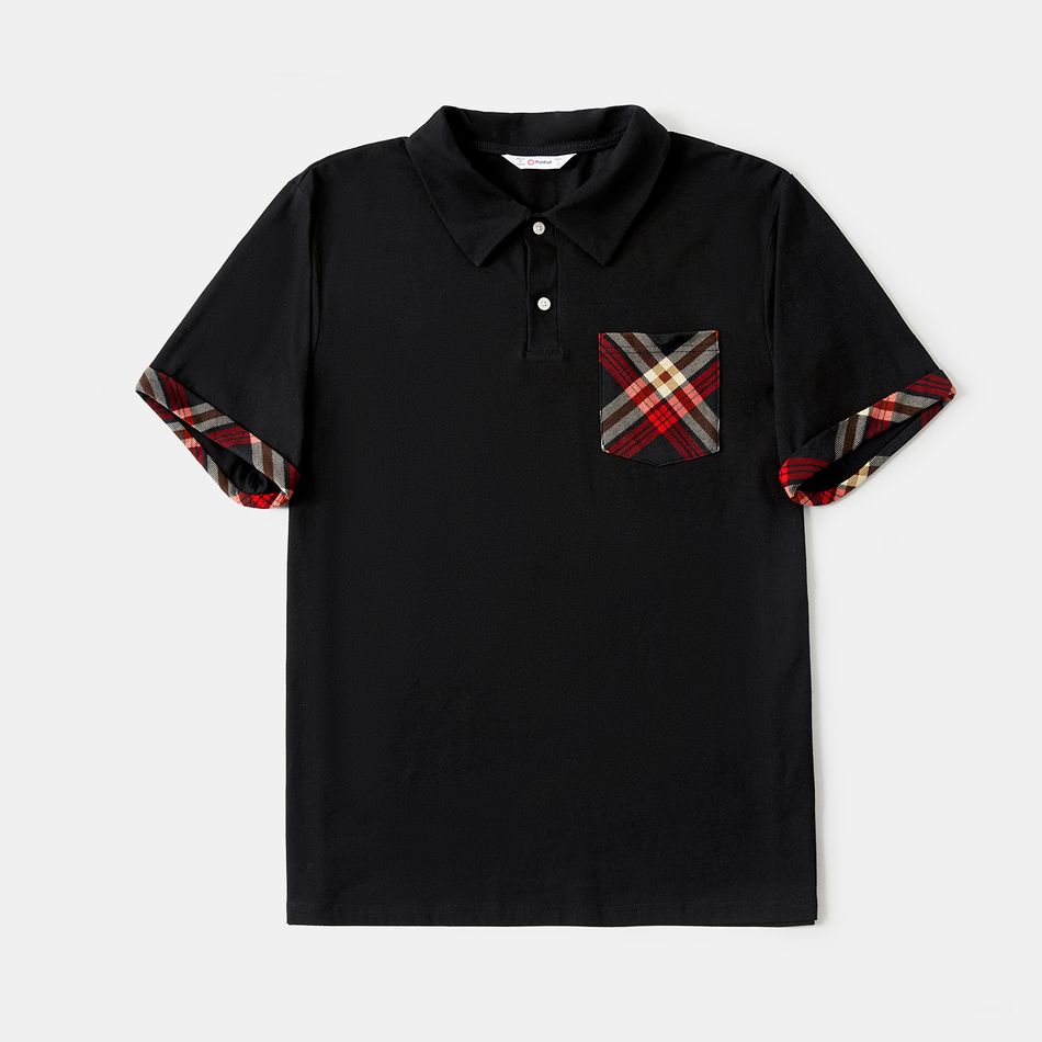 Family Matching Plaid Short-sleeve Ruched Drawstring Bodycon Dresses and Polo Shirts Sets Black big image 12